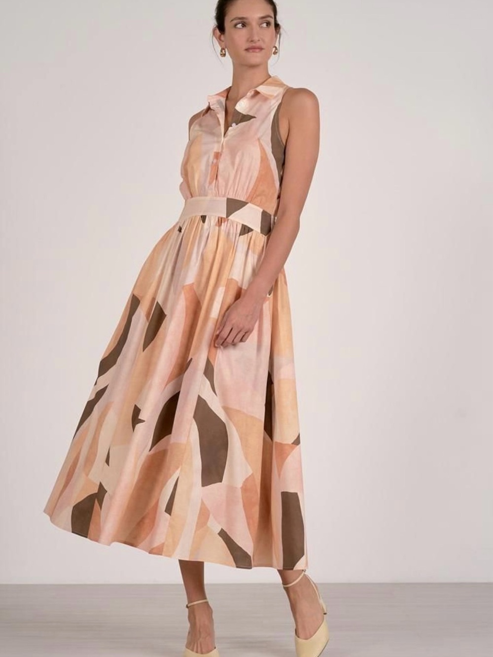 NWT Elan Peach and Brown Abstract Collared Midi Dress
